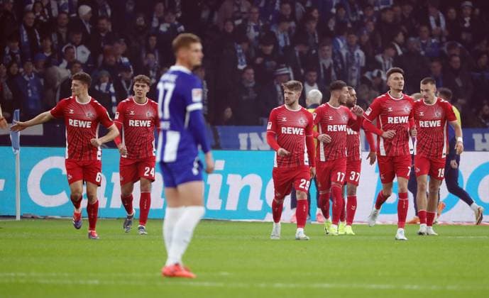 Cologne cheers after goal to 0 1 by Tim Lemperle Sport Football Soccer DFL 2 Bundesliga Men 11 Matchday Season 2024 2025 02 11 2024 Hertha BSC Berlin vs 1 FC Köln DFL regulations prohibit any use of photographs as image sequences and or quasi video