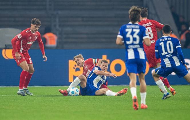 Soccer, Men, Season 2024 2025, 2 Bundesliga 11 Matchday , Hertha BSC 1 FC Köln, f l Julian Pauli 1 FC Köln , Florian Niederlechner Hertha BSC , Timo Hübers 1 FC Köln , Michal Karbownik Hertha BSC , Denis Huseinbasic 1 FC Köln , Ibrahim Maza Hertha BSC , 02 11 2024, Copyright: xSebastianxRäppold MatthiasxKochx