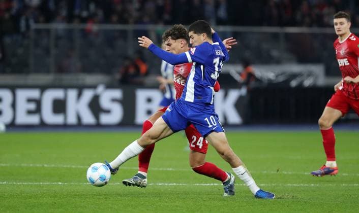 Julian Pauli, Ibrahim Maza duel match scene Action Sport Football Soccer DFL 2 Bundesliga Men 11 Matchday Season 2024 2025 02 11 2024 Hertha BSC Berlin vs 1 FC Köln DFL regulations prohibit any use of photographs as image sequences and or quasi video