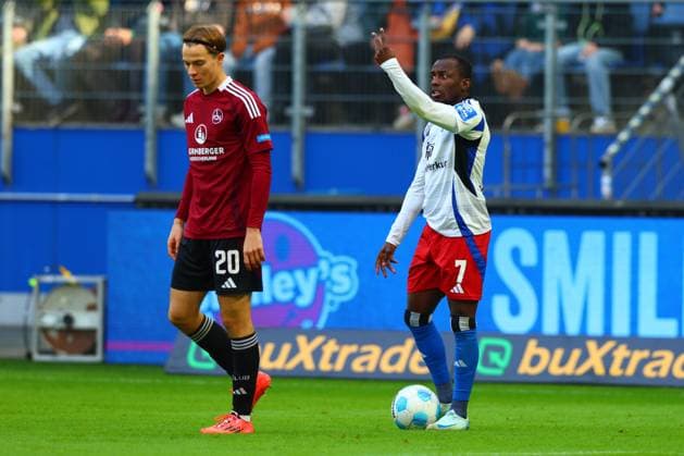 GER, Hamburg, Football, DFB, HSV vs 1 FC Nuernberg, im Volkspark Stadion, 03 11 2024, v l Caspar Jander 1 FC Nuernberg , Jean Luc Dompe Hamburger SV DFL regulations prohibit any use of photographs as image sequences and or quasi video Copyright: HMBxMedia FernandoxSoares