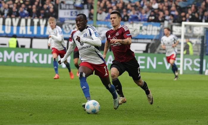 Football, Men, Season 2024 2025, 2 BL, Volksparkstadion, Hamburger SV vs 1 FC Nuernberg DFL REGULATIONS PROHIBIT ANY USE OF PHOTOGRAPHS AS IMAGE SEQUENCES AND OR QUASI VIDEO