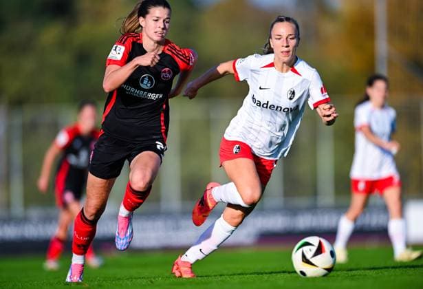 Nele Bauereisen 1 FC Nuernberg and Annalena Heck SC Freiburg II in duel, 2 Frauen Bundesliga, 1 FC Nuernberg vs SC Freiburg II, Sportpark Valznerweiher on November 03, 2024 in Nuremberg, Germany Photo by Silas Schueller DeFodi Images Nele Bauereisen 1 FC Nuernberg and Annalena Heck SC Freiburg II battle for the ball, 2 Frauen Bundesliga, 1 FC Nuernberg vs SC Freiburg II, Sportpark Valznerweiher on November 3, 2024 in Nuremberg, Germany Photo by Silas Schueller DeFodi Images not used in POL SRB CRO FRA GBR NED ITA USA Defodi 121 121 FCNSCF 20241103 222 Defodi-121 not used in POL SRB CRO FRA GBR NED ITA USA