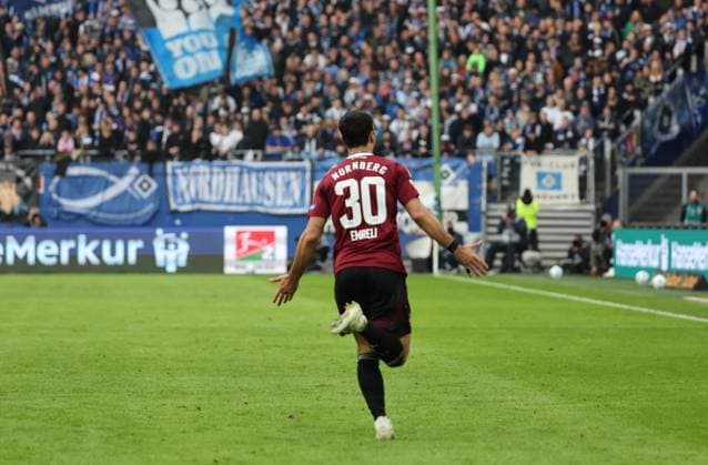 GER, 2 Liga, Hamburger SV vs 1 FC Nuernberg 03 11 2024, Volksparkstadion, Hamburg, GER, 2 Liga, Hamburger SV vs 1 FC Nuernberg in picture picture shows Goal celebrations Goal scorer Goal scorer Mahir Emreli 1 FC Nuernberg 30 celebrates the goal to 1 1 nordphotoxGmbHx xTauchnitz nph00059