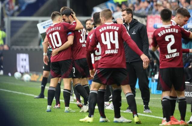 GER, 2 Liga, Hamburger SV vs 1 FC Nuernberg 03 11 2024, Volksparkstadion, Hamburg, GER, 2 Liga, Hamburger SV vs 1 FC Nuernberg in picture picture shows Goal celebrations Goal scorer Goal scorer Mahir Emreli 1 FC Nuernberg 30 celebrates the goal to 1 1 nordphotoxGmbHx xTauchnitz nph00059