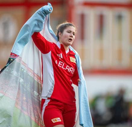Soccer, Women, Season 2024 2025, 2 Bundesliga 9 Matchday , 1 FC Union Berlin SV Meppen, Anouk Blaschka 1 FC Union , Cheering after final whistle, 03 11 2024, Copyright: xSebastianxRäppold MatthiasxKochx