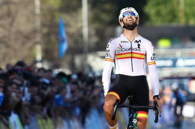 Spanish Felipe Orts Lloret reacts as he finished second at the men Elite race at the European Championships cyclocross cycling in Pontevedra, Spain, Sunday 03 November 2024. DAVIDxPINTENS  x104445381x