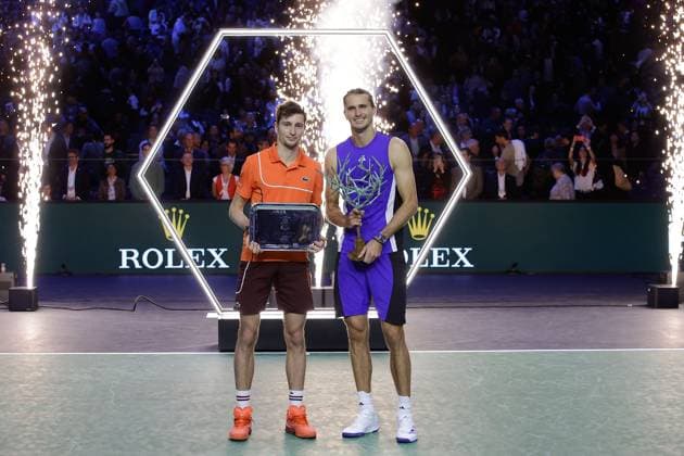 ROLEX PARIS MASTERS TENNIS 2024 Paris, 03 11 2024 Final, Alexander Zverev GER Ugo Humbert FRA f l Award ceremony Rolex Masters 2024 Ugo Humbert FRA and winner Alexander Zverev GER with trophies Copyright: AntonioxBorga