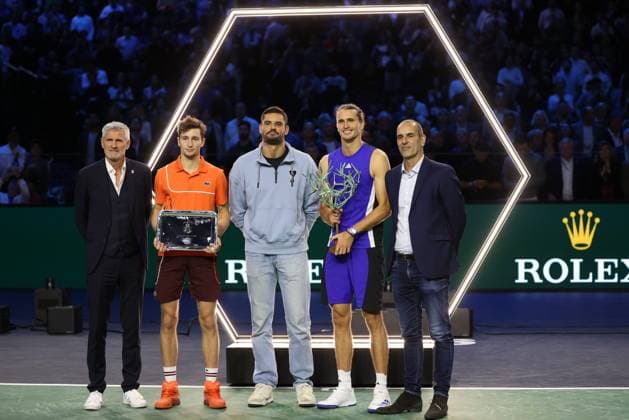 ROLEX PARIS MASTERS TENNIS 2024 Thierry Larret Maxppp. Tennis. Rolex Paris Masters. Accorhotels Arena, Paris (75), le 3 Novembre 2024. Finale : Alexander ZVEREV (GER) vs Ugo HUMBERT (FRA). Avec Florent MANAUDOU, Gilles MORETTON, Cedric PIOLINE Paris (75) ACCORHOTELS ARENA ILE DE FRANCE FRANCE  Copyright: xMAXPPPxThierryxLarretx TL_20241103_1051 0777794246st