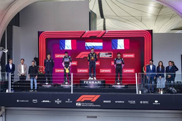 VERSTAPPEN Max (ned), Red Bull Racing RB20, OCON Esteban (fra), Alpine F1 Team A524, GASLY Pierre (fra), Alpine F1 Team A524, portrait, podium during the Formula 1 Grande Premio de Sao Paulo 2024, 21th round of the 2024 Formula One World Championship, WM, Weltmeisterschaft from November 1 to 3, 2024 on the Interlagos Circuit, in Sao Paulo, Brazil - F1 - SAO PAULO GRAND PRIX 2024 DPPI Panoramic 241103_R21_BRASILE_DP_FG007999