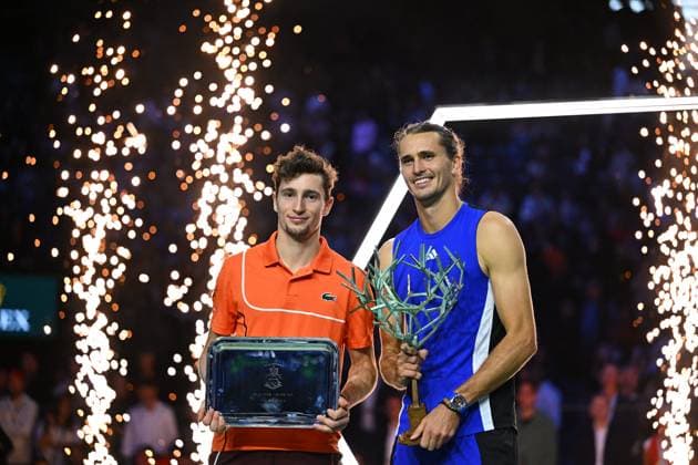Final Of The Rolex Paris Masters Alexander Zverev (GER) poses with his trophy next to Ugo Humbert (FRA) at the 2024 Rolex Paris Masters at the Accor Arena in Paris, France, on November 3, 2024. Photo by Corinne Dubreuil ABACAPRESS.COM Paris France  Copyright: xDubreuilxCorinne ABACAx