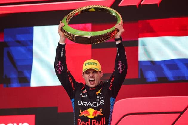 VERSTAPPEN Max (ned), Red Bull Racing RB20, portrait celebrates the victory in podium trophy during the Formula 1 Grande Premio de Sao Paulo 2024, 21th round of the 2024 Formula One World Championship, WM, Weltmeisterschaft from November 1 to 3, 2024 on the Interlagos Circuit, in Sao Paulo, Brazil - F1 - SAO PAULO GRAND PRIX 2024 DPPI Panoramic  241103_R21_BRASILE_DP_XB3_5283