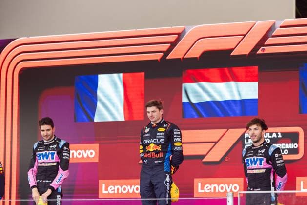 FORMULA 1 LENOVO GRANDE PREMIO DE SAO PAULO 2024 02 11 2024, Autodromo Jose Carlos Pace, Interlagos, FORMULA 1 LENOVO GRANDE PREMIO DE SAO PAULO 2024 , in the picture winner Max Verstappen NLD , Oracle Red Bull Racing, 2nd place for Esteban Ocon FRA , Alpine F1 Team, 3rd place for Pierre Gasly FRA nordphotoxGmbHx xBratic nph00250