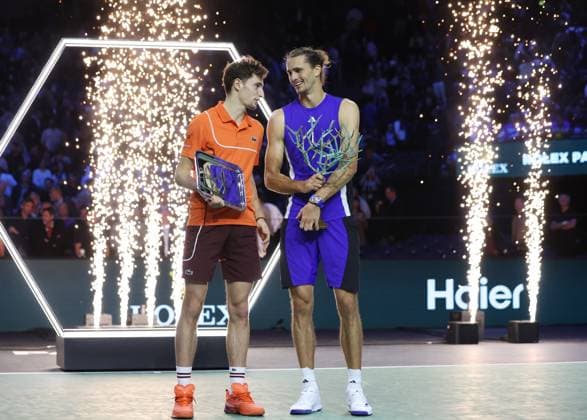 (241104) -- PARIS, Nov. 4, 2024 -- Alexander Zverev (R) and Ugo Humbert attend the awarding ceremony of the men s singles final match between Alexander Zverev of Germany and Ugo Humbert of France at Paris ATP, Tennis Herren Masters 1000 tennis tournament in Paris, France, Nov. 3, 2024. Alexander Zverev claimed the title. ) (SP)FRANCE-PARIS-TENNIS-ATP MASTERS 1000-FINAL GaoxJing 