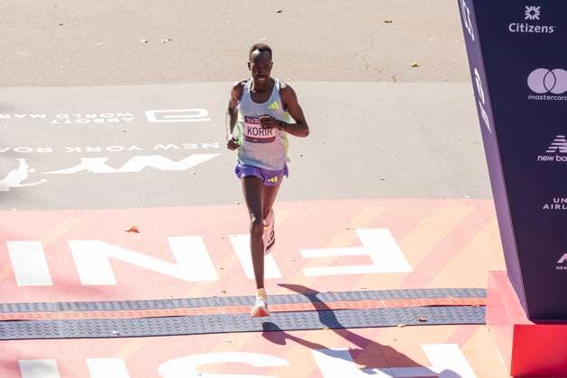US: 2024 NYC TCS Marathon Albert Korir of Kenya finishing third with time 2:08:00 on NYC TCS Marathon in Central Park. New York New York United States Copyright: LevxRadin