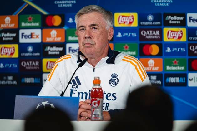 Champions League 2024 25 League Phase MD4: Real Madrid Training Session and press conference, PK, Pressekonferenz Carlo Ancelotti, head coach of Real Madrid CF, seen speaking during the UEFA Champions League 2024 25 League Phase MD4 training and press conference at Ciudad Real Madrid on November 4, 2024 in Madrid, Spain. Valdebebas Ciudad Real Madrid Madrid Spain Copyright: xAlbertoxGardinx AGardin_20241104_Football_Champions_Real_Madrid_PC_003
