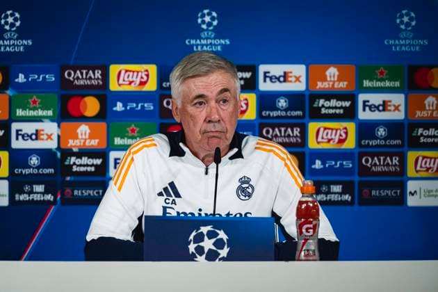 Sport Themen der Woche KW45 Champions League 2024 25 League Phase MD4: Real Madrid Training Session and press conference, PK, Pressekonferenz Carlo Ancelotti, head coach of Real Madrid CF, seen speaking during the UEFA Champions League 2024 25 League Phase MD4 training and press conference at Ciudad Real Madrid on November 4, 2024 in Madrid, Spain. Valdebebas Ciudad Real Madrid Madrid Spain Copyright: xAlbertoxGardinx AGardin_20241104_Football_Champions_Real_Madrid_PC_005