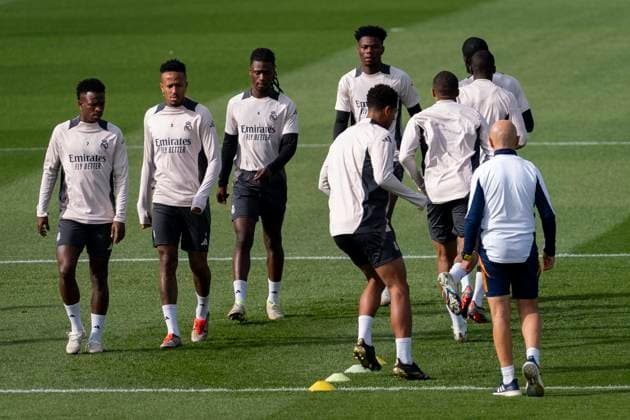 Champions League 2024 25 League Phase MD4: Real Madrid Training Session and press conference, PK, Pressekonferenz Vinicius Junior, Eduardo Camavinga, Eder Militao, Aurelien Tchouameni, Antonio Rudiger, Ferland Mendy, Kylian Mbappe, Jude Bellingham seen training during the UEFA Champions League 2024 25 League Phase MD4 training and press conference at Ciudad Real Madrid on November 4, 2024 in Madrid, Spain. Valdebebas Ciudad Real Madrid Madrid Spain Copyright: xAlbertoxGardinx AGardin_20241104_Football_Champions_Real_Madrid_PC_053