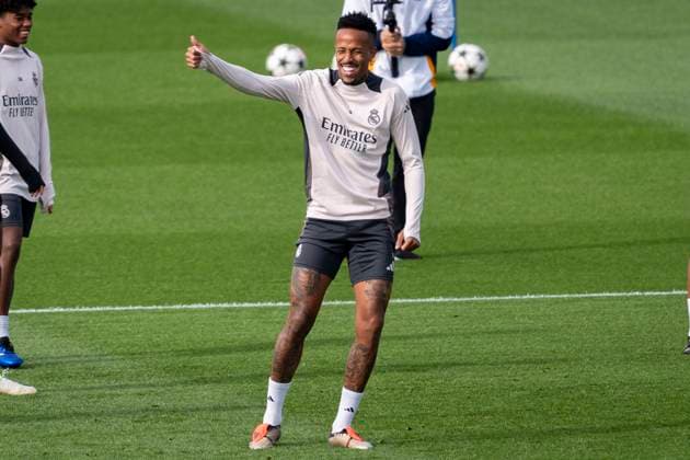 Champions League 2024 25 League Phase MD4: Real Madrid Training Session and press conference, PK, Pressekonferenz Eder Militao of Real Madrid CF seen training during the UEFA Champions League 2024 25 League Phase MD4 training and press conference at Ciudad Real Madrid on November 4, 2024 in Madrid, Spain. Valdebebas Ciudad Real Madrid Madrid Spain Copyright: xAlbertoxGardinx AGardin_20241104_Football_Champions_Real_Madrid_PC_083