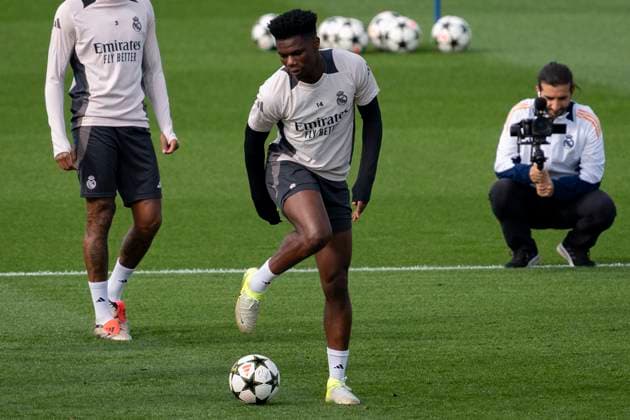 Champions League 2024 25 League Phase MD4: Real Madrid Training Session and press conference, PK, Pressekonferenz Aurelien Tchouameni of Real Madrid CF seen training during the UEFA Champions League 2024 25 League Phase MD4 training and press conference at Ciudad Real Madrid on November 4, 2024 in Madrid, Spain. Valdebebas Ciudad Real Madrid Madrid Spain Copyright: xAlbertoxGardinx AGardin_20241104_Football_Champions_Real_Madrid_PC_089