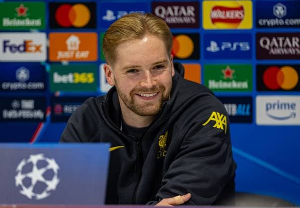 Football - UEFA Champions League - League Phase - Liverpool FC v Bayer 04 Leverkusen - MD-1 LIVERPOOL, ENGLAND - Monday, November 4, 2024: Liverpool s goalkeeper Caoimhin Kelleher during a press conference, PK, Pressekonferenz at Anfield ahead of the UEFA Champions League game between Liverpool FC and Bayer 04 Leverkusen. (Photo by David Rawcliffe Propaganda) LIVERPOOL Anfield MERSEYSIDE ENGLAND  Copyright: xDavidxRawcliffex P2024-11-04-Liverpool_Leverkusen_MD-1-48