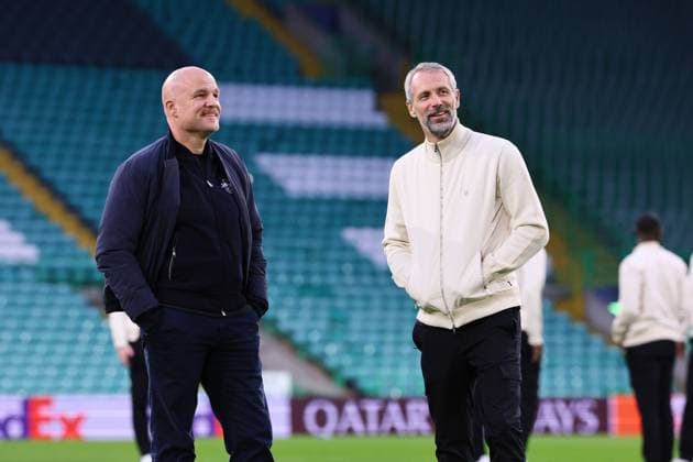Celtic Glasgow RB Leipzig Matchday 1 Glasgow, 04 11 2024, Celtic Park, Fußball, UEFA Champions League, 4 Spieltag , Celtic Glasgow vs RB Leipzig, Matchday 1 , Im Bild Pitchwalk Rouven Schröder Schroeder RBL Sportdirektor und Trainer Marco Rose RB Leipzig , Only editorial use Foto nur zur redaktionellen Nutzung bestimmt , UEFA regulations prohibit any use of photographs as image sequences and or quasi video ,