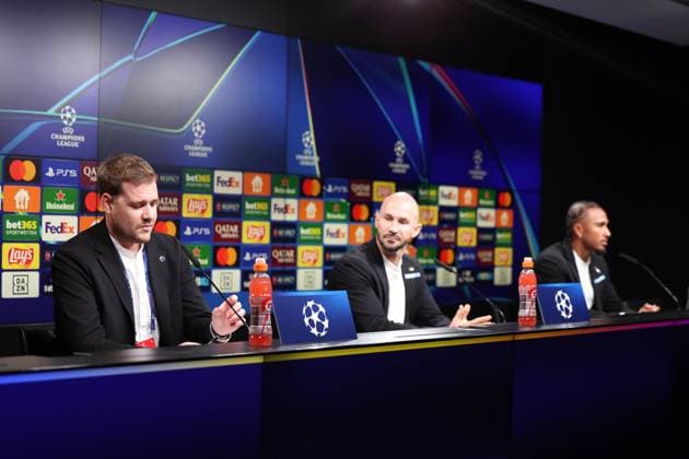 SOCCER - UEFA CL, Dortmund vs Sturm DORTMUND,GERMANY,04.NOV.24 - SOCCER - UEFA Champions League, Borussia Dortmund vs SK Sturm Graz, preview, press conference, PK, Pressekonferenz Sturm. Image shows press speaker Stefan Haller, head coach Christian Ilzer and Emanuel Aiwu (Sturm).  GEPAxpictures xChrisxBauer