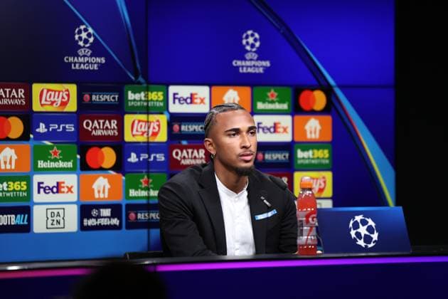 SOCCER - UEFA CL, Dortmund vs Sturm DORTMUND,GERMANY,04.NOV.24 - SOCCER - UEFA Champions League, Borussia Dortmund vs SK Sturm Graz, preview, press conference, PK, Pressekonferenz Sturm. Image shows Emanuel Aiwu (Sturm).  GEPAxpictures xChrisxBauer