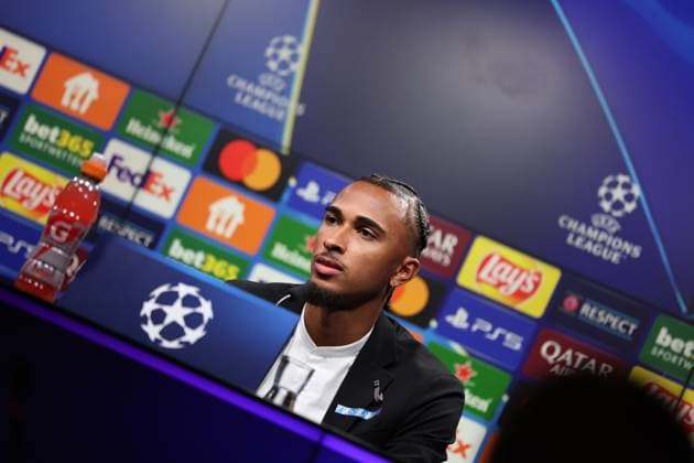 SOCCER - UEFA CL, Dortmund vs Sturm DORTMUND,GERMANY,04.NOV.24 - SOCCER - UEFA Champions League, Borussia Dortmund vs SK Sturm Graz, preview, press conference, PK, Pressekonferenz Sturm. Image shows Emanuel Aiwu (Sturm).  GEPAxpictures xChrisxBauer