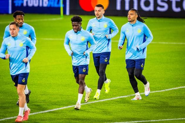 SLOVAN BRATISLAVA - GNK DINAMO ZAGREB Players of Dinamo Zagreb Nathanael Mbuku, Arber Hoxha, Samy Mmaee during team practice ahead of league phase of UEFA Champions League football match between SK Slovan Bratislava and GNK Dinamo Zagreb. Bratislava, Slovakia, November 04, 2024. PUBLICATION NOT IN SLOVAKIA Copyright: xx 080A7356