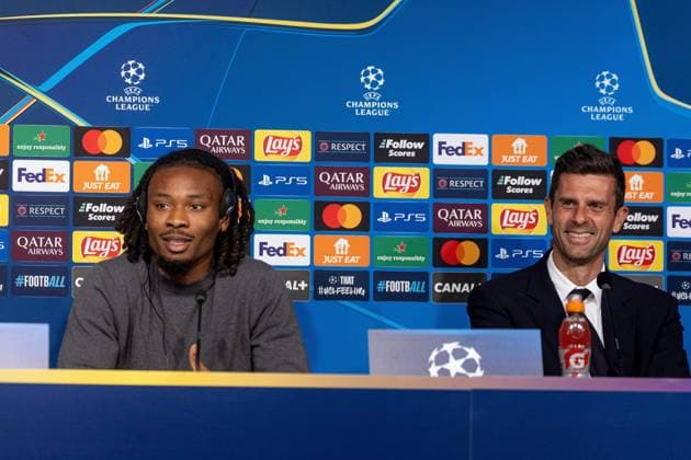 CHAMPIONS LEAGUE - LOSC - TURIN PHOTOPQR VOIX DU NORD PASCAL BONNIERE ; 04 11 2024 ; VILLENEUVE D ASCQ 04.11.2024 conference de presse de la champions league , avant le match entre le LOSC et la Juventus de Turin, Thaigo Motta et KHEPHREN THURAM . . . PHOTO PASCAL BONNIERE LA VOIX DU NORD press conference, PK, Pressekonferenz on the eve of their UEFA Champions League football match against LOSC and Juventus de Turin France November 4, 2024 France  Copyright: xPHOTOPQR VOIXxDUxNORD MAXPPPxPASCALxBONNIEREx 20241104VDN8174 20241104VDN8174
