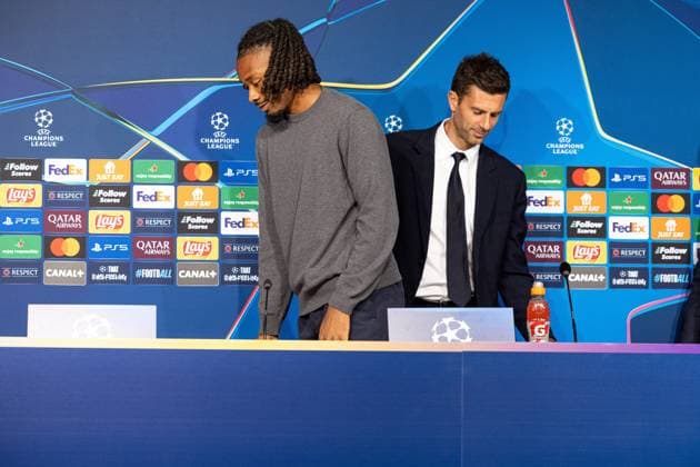 CHAMPIONS LEAGUE - LOSC - TURIN PHOTOPQR VOIX DU NORD PASCAL BONNIERE ; 04 11 2024 ; VILLENEUVE D ASCQ 04.11.2024 conference de presse de la champions league , avant le match entre le LOSC et la Juventus de Turin, Thaigo Motta et KHEPHREN THURAM . . . PHOTO PASCAL BONNIERE LA VOIX DU NORD press conference, PK, Pressekonferenz on the eve of their UEFA Champions League football match against LOSC and Juventus de Turin France November 4, 2024 France  Copyright: xPHOTOPQR VOIXxDUxNORD MAXPPPxPASCALxBONNIEREx 20241104VDN8182 20241104VDN8182