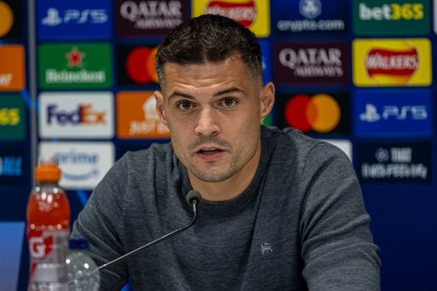 Football - UEFA Champions League - League Phase - Liverpool FC v Bayer 04 Leverkusen - MD-1 LIVERPOOL, ENGLAND - Monday, November 4, 2024: Bayer Leverkusen s Granit Xhaka during a press conference, PK, Pressekonferenz at Anfield ahead of the UEFA Champions League game between Liverpool FC and Bayer 04 Leverkusen. (Photo by David Rawcliffe Propaganda) LIVERPOOL Anfield MERSEYSIDE ENGLAND  Copyright: xDavidxRawcliffex P2024-11-04-Liverpool_Leverkusen_MD-1-55