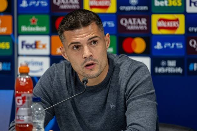 Football - UEFA Champions League - League Phase - Liverpool FC v Bayer 04 Leverkusen - MD-1 LIVERPOOL, ENGLAND - Monday, November 4, 2024: Bayer Leverkusen s Granit Xhaka during a press conference, PK, Pressekonferenz at Anfield ahead of the UEFA Champions League game between Liverpool FC and Bayer 04 Leverkusen. (Photo by David Rawcliffe Propaganda) LIVERPOOL Anfield MERSEYSIDE ENGLAND  Copyright: xDavidxRawcliffex P2024-11-04-Liverpool_Leverkusen_MD-1-65