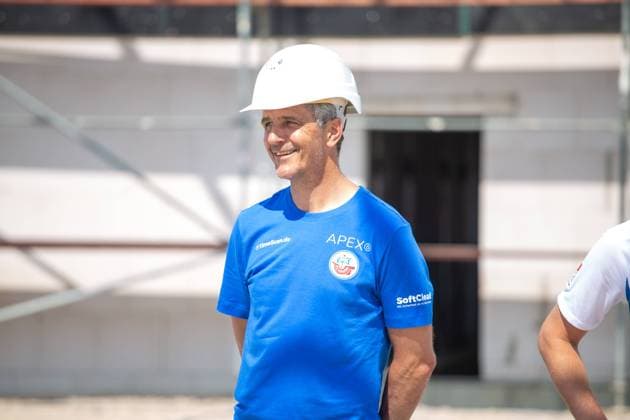 17 06 2021 2 Bundesliga 2021 2022 Training start the FC Hansa Rostock team manager Jens Härtel Haertel Rostock with Construction workers helmet Helmet Rostock Baltic stadium Mecklenburg Western Pomerania Germany