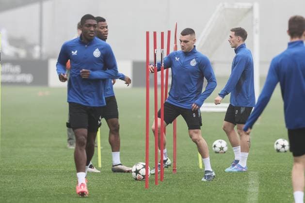 Club s Ferran Jutgla pictured during a training session of Belgian soccer team Club Brugge KV, Tuesday 05 November 2024 in Knokke-Heist. The team is preparing for tomorrow s game against English Aston Villa F.C., on day 4 of the UEFA Champions League league phase. BRUNOxFAHY  x104621361x