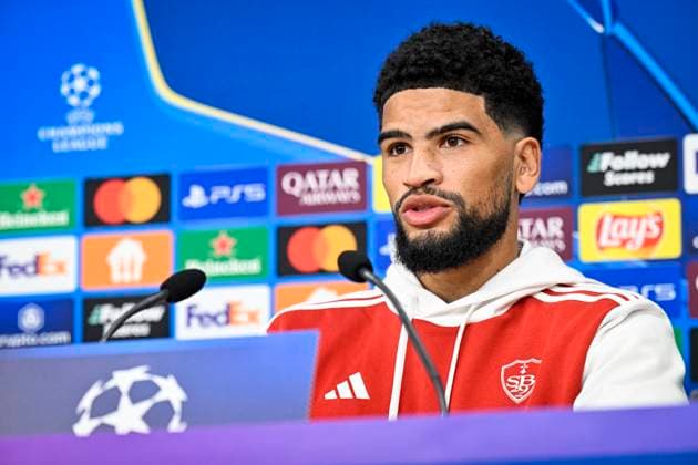 Football player Mahdi Camara speaks during a press conference, PK, Pressekonferenz of Stade Brest team prior to the Champions League 4th round match Sparta Prague (Czech) vs Stade Brest (France), in Prague, Czech Republic, on November 5, 2024. (CTKxPhoto VitxSimanek) CTKPhotoP2024110507284  CTKPhotoP2024110507284