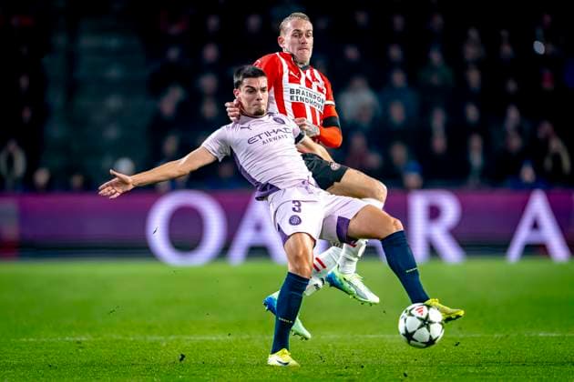 PSV Eindhoven defender Rick Karsdorp , Girona FC defender Miguel Gutierrez, during the match PSV Girona at the Philips stadium for the UEFA Champions League phase Matchday 4 season 2024 2025 in EINDHOVEN, Netherlands on 5 november 2024, photo by Marcel van Dorst EYE4images DeFodi Images not used in POL SRB CRO FRA GBR NED ITA USA Defodi 746 198071 Defodi-746 not used in POL SRB CRO FRA GBR NED ITA USA