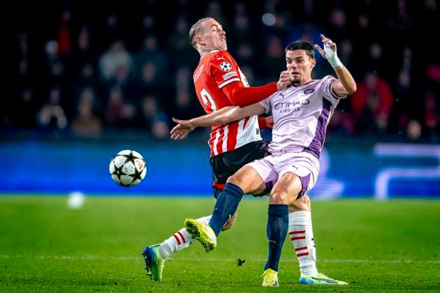 PSV Eindhoven defender Rick Karsdorp , Girona FC defender Miguel Gutierrez, during the match PSV Girona at the Philips stadium for the UEFA Champions League phase Matchday 4 season 2024 2025 in EINDHOVEN, Netherlands on 5 november 2024, photo by Marcel van Dorst EYE4images DeFodi Images not used in POL SRB CRO FRA GBR NED ITA USA Defodi 746 198073 Defodi-746 not used in POL SRB CRO FRA GBR NED ITA USA
