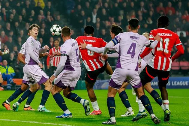 EINDHOVEN, 05-11-2024, Philips stadium. Dutch football. Champions League, season 2024 2025. Player PSV Ryan Flamingo scores PSV - Girona  x26675895x Copyright: