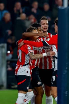 EINDHOVEN, 05-11-2024, Philips stadium. Dutch football. Champions League, season 2024 2025. Player PSV Ryan Flamingo celebrates after scoring 1-0 PSV - Girona  x26675896x Copyright: