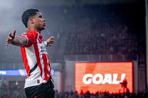 PSV Eindhoven defender Ryan Flamingo scores the 1 0 and celebrating the goal, during the match PSV Girona at the Philips stadium for the UEFA Champions League League phase Matchday 4 season 2024 2025 in EINDHOVEN, Netherlands on 5 november 2024, photo by Marcel van Dorst EYE4images DeFodi Images not used in POL SRB CRO FRA GBR NED ITA USA Defodi 746 198079 Defodi-746 not used in POL SRB CRO FRA GBR NED ITA USA