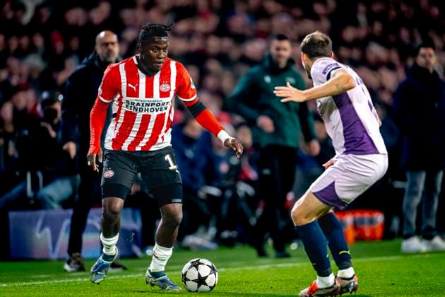 PSV Eindhoven forwarder Johan Bakayoko, during the match PSV Girona at the Philips stadium for the UEFA Champions League League phase Matchday 4 season 2024 2025 in EINDHOVEN, Netherlands on 5 november 2024, photo by Marcel van Dorst EYE4images DeFodi Images not used in POL SRB CRO FRA GBR NED ITA USA Defodi 746 198084 Defodi-746 not used in POL SRB CRO FRA GBR NED ITA USA