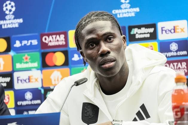 Aston Villa s Amadou Onana pictured during a press conference, PK, Pressekonferenz of English soccer team Aston Villa F.C., Tuesday 05 November 2024 in Brugge. The team is preparing for tomorrow s game against Belgian Club Brugge KV, on day 4 of the UEFA Champions League league phase. BRUNOxFAHY  x104655583x