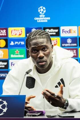 Aston Villa s Amadou Onana pictured during a press conference, PK, Pressekonferenz of English soccer team Aston Villa F.C., Tuesday 05 November 2024 in Brugge. The team is preparing for tomorrow s game against Belgian Club Brugge KV, on day 4 of the UEFA Champions League league phase. BRUNOxFAHY  x104655909x