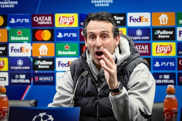 Aston Villa s head coach Unai Emery pictured during a press conference, PK, Pressekonferenz of English soccer team Aston Villa F.C., Tuesday 05 November 2024 in Brugge. The team is preparing for tomorrow s game against Belgian Club Brugge KV, on day 4 of the UEFA Champions League league phase. BRUNOxFAHY  x104657928x