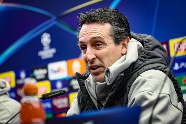 Aston Villa s head coach Unai Emery pictured during a press conference, PK, Pressekonferenz of English soccer team Aston Villa F.C., Tuesday 05 November 2024 in Brugge. The team is preparing for tomorrow s game against Belgian Club Brugge KV, on day 4 of the UEFA Champions League league phase. BRUNOxFAHY  x104658428x