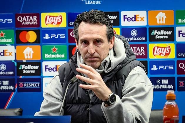 Aston Villa s head coach Unai Emery pictured during a press conference, PK, Pressekonferenz of English soccer team Aston Villa F.C., Tuesday 05 November 2024 in Brugge. The team is preparing for tomorrow s game against Belgian Club Brugge KV, on day 4 of the UEFA Champions League league phase. BRUNOxFAHY  x104658486x