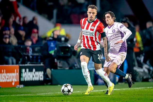 PSV Eindhoven forwarder Noa Lang, Girona FC forwarder Bryan Gil, during the match PSV Girona at the Philips stadium for the UEFA Champions League phase Matchday 4 season 2024 2025 in EINDHOVEN, Netherlands on 5 november 2024, photo by Marcel van Dorst EYE4images DeFodi Images not used in POL SRB CRO FRA GBR NED ITA USA Defodi 746 198117 Defodi-746 not used in POL SRB CRO FRA GBR NED ITA USA