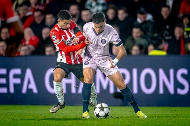 PSV Eindhoven defender Mauro Junior, Girona FC defender Miguel Gutierrez, during the match PSV Girona at the Philips stadium for the UEFA Champions League phase Matchday 4 season 2024 2025 in EINDHOVEN, Netherlands on 5 november 2024, photo by Marcel van Dorst EYE4images DeFodi Images not used in POL SRB CRO FRA GBR NED ITA USA Defodi 746 198119 Defodi-746 not used in POL SRB CRO FRA GBR NED ITA USA
