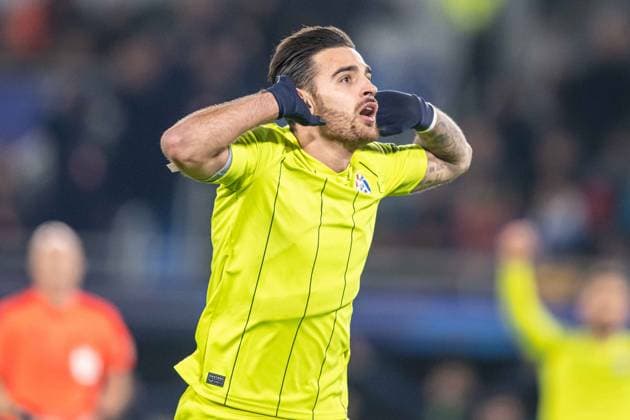 Sandro Kulenovic a goal celebrate during UEFA Champions league match, SK Slovan Bratislava - GNK Dinamo Zagreb , 05. november 2024, Tehelne pole Stadium, Bratislava, Slovakia Copyright: xMICHALxFAJT,ZOSPORTU.SKx DSC_4771